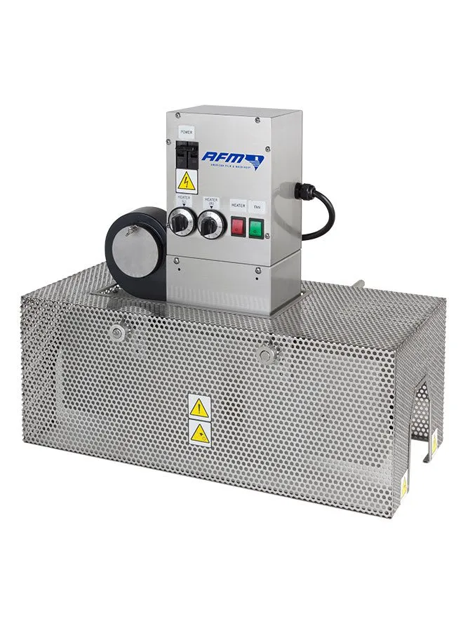 A small stainless steel tunnel with a perforated guard and a control box with two heater dials on top.