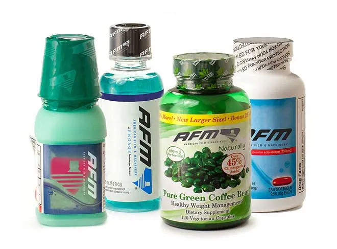 Four bottles and jars with printed shrink bands over their caps and necks.
