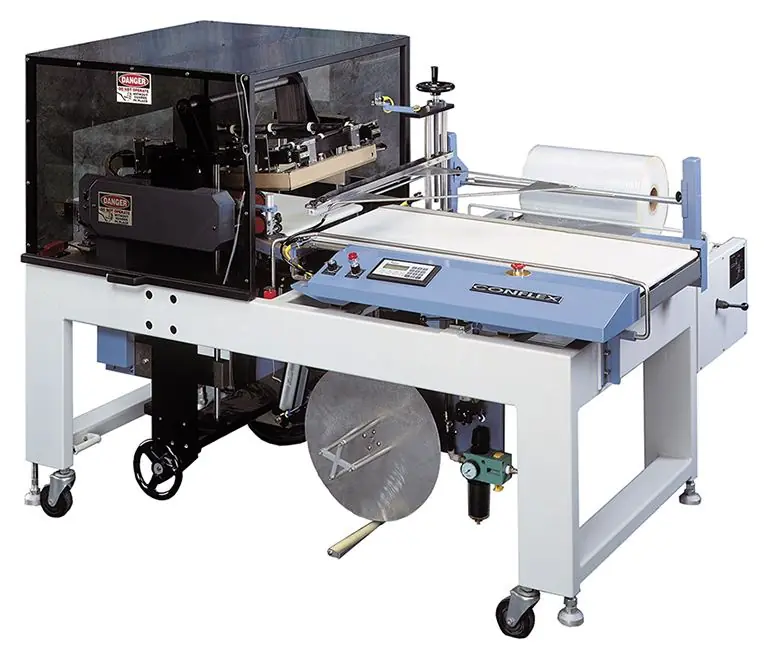 A Conflex automatic L-bar sealer with an infeed conveyor, enclosed seal head, and film roll.