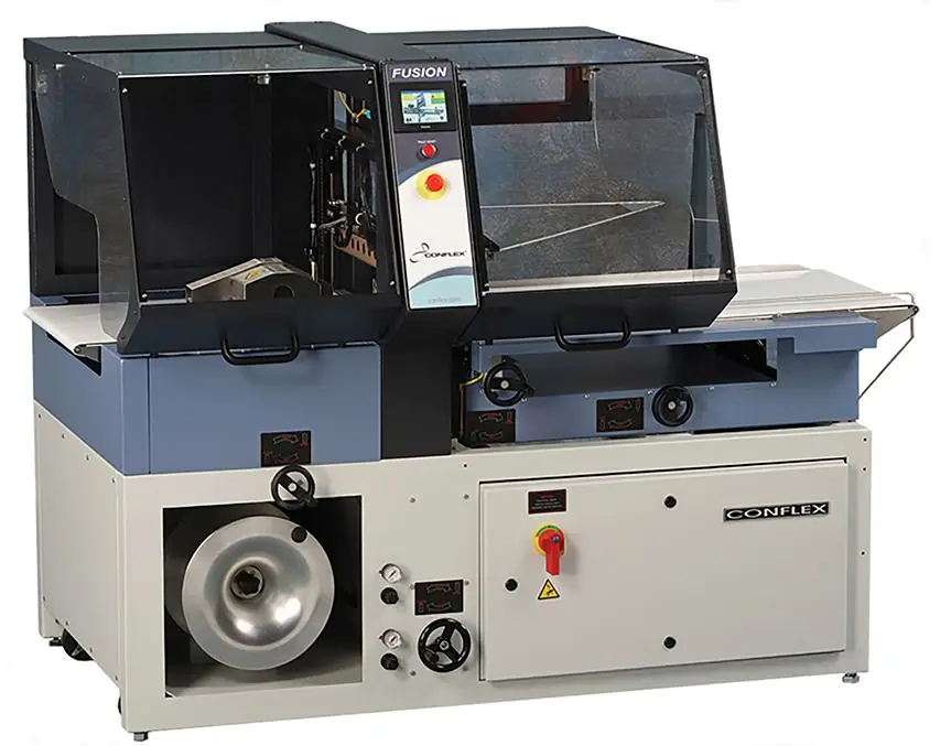 A Conflex FUSION side sealer with an enclosed seal area, touchscreen, and film roll below.