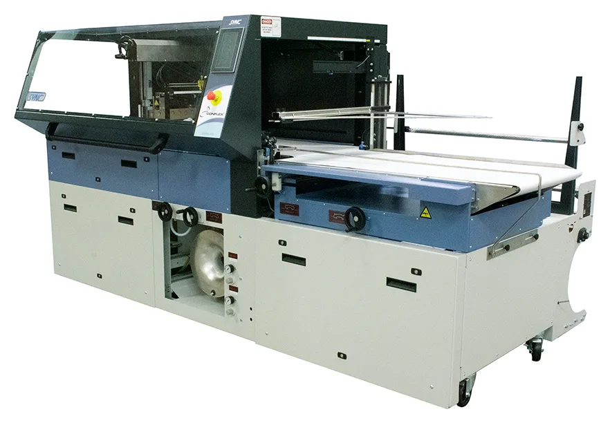 A Conflex SYNC 2 side sealer with a white infeed conveyor on the right, a touchscreen, and a guarded seal area with a clear cover on the left.