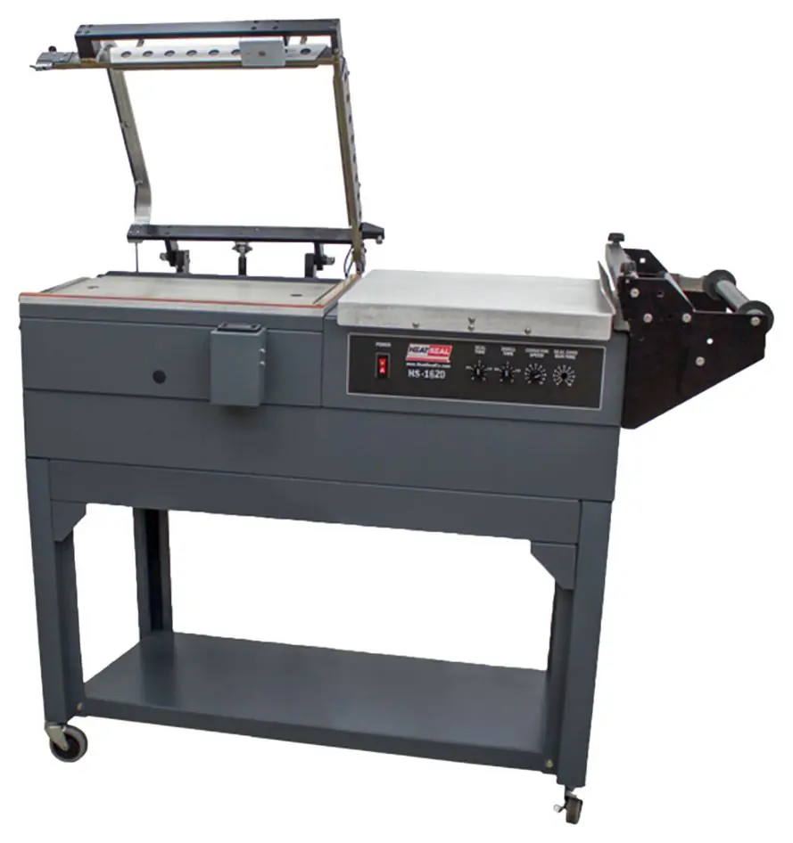 A gray Heat Seal HS-1620 L-bar sealer with the seal frame raised and a film roll mounted on the right.