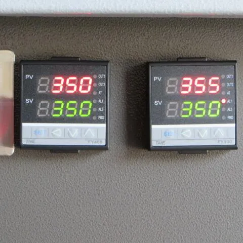 Two digital temperature controllers side by side, each showing a set point of 350 and actual readings of 350 and 355.