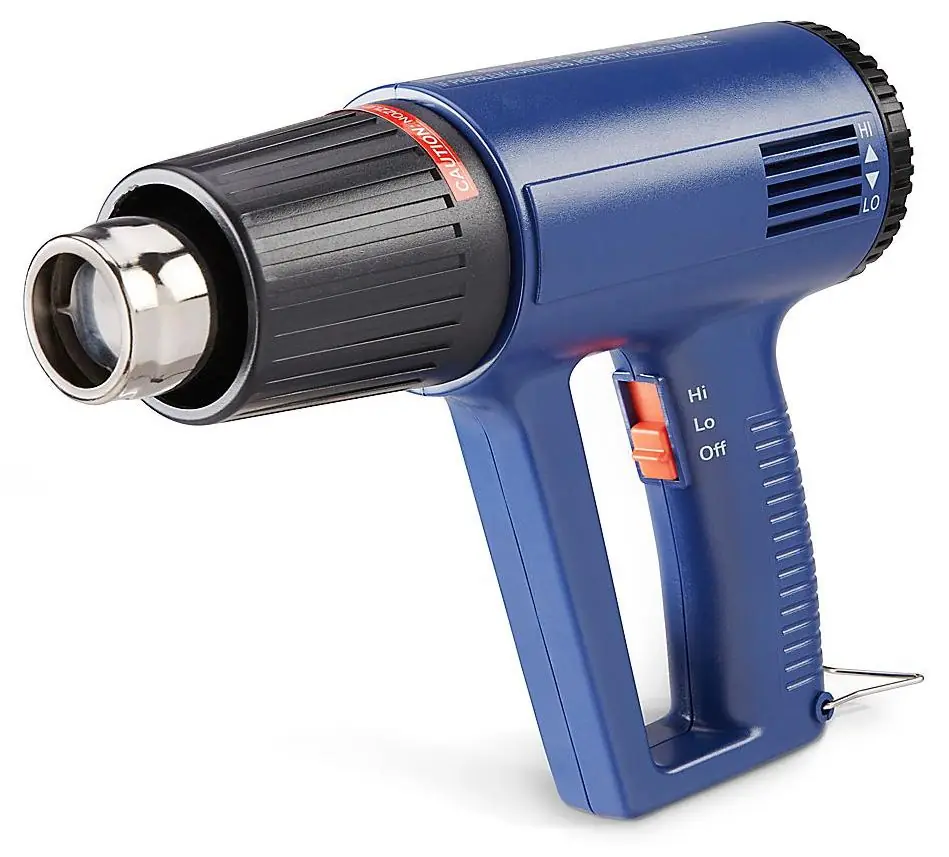 A blue two-speed electric heat gun with a Hi, Lo, Off switch.